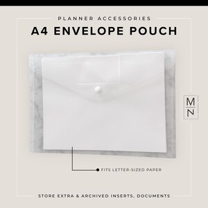 May include: A clear plastic A4 envelope pouch with a marble pattern on the back. It fits letter-sized paper and is labeled "A4 Envelope Pouch".