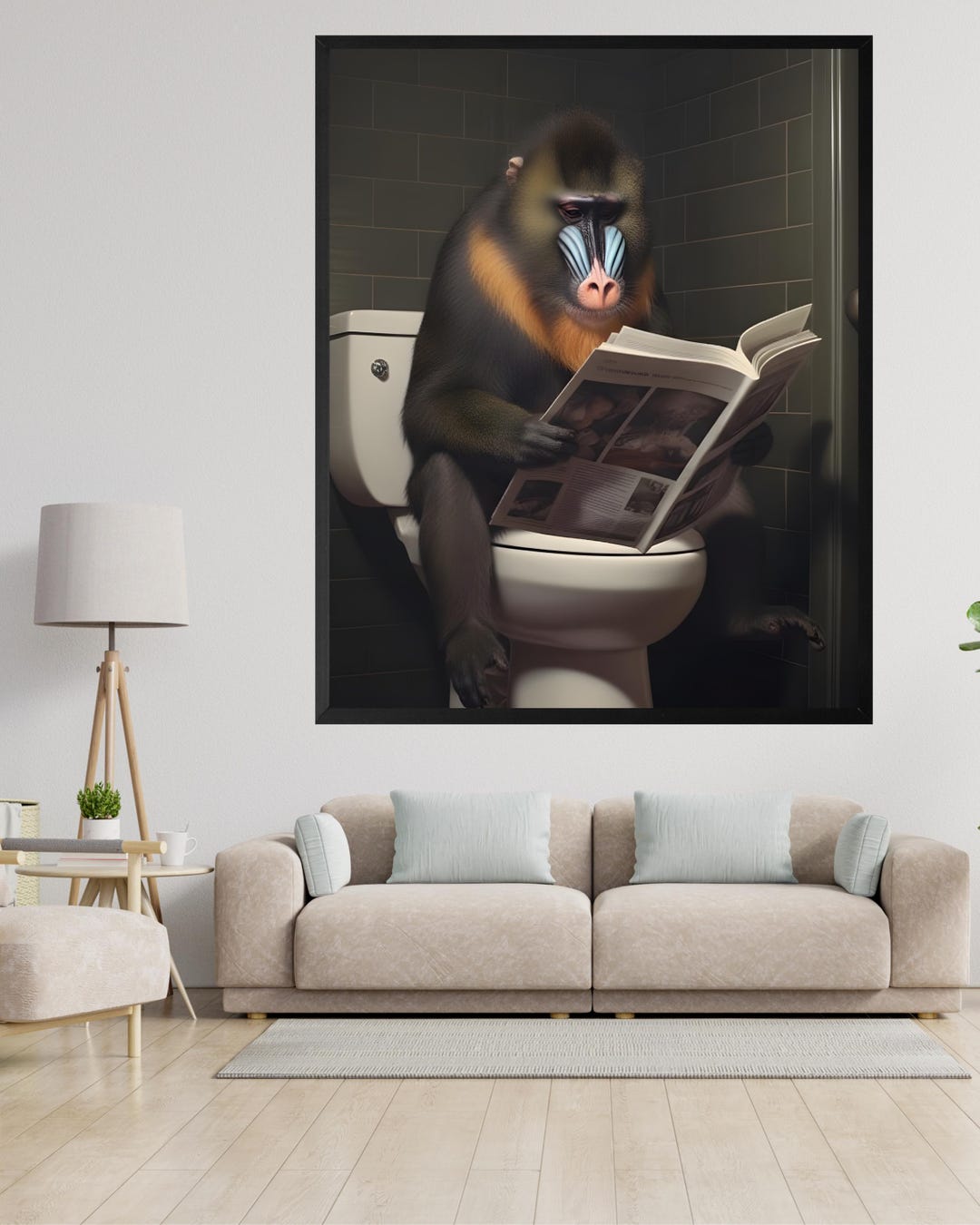 Mandrill Monkey Reading Newspaper on Toilet Canvas Art (digital ...