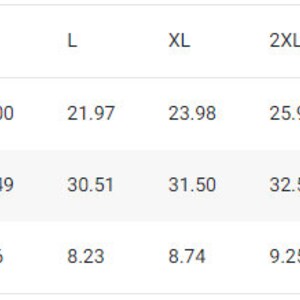 Puede incluir: Tabla de tallas que muestra las medidas de ancho, largo y manga en pulgadas para las tallas S a 5XL.