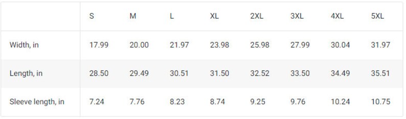 Puede incluir: Tabla de tallas que muestra las medidas de ancho, largo y manga en pulgadas para las tallas S a 5XL.