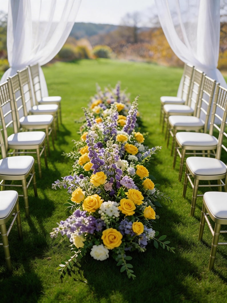 Op de afbeelding: Een opstelling voor een trouwceremonie in de open lucht met rijen gouden stoelen met witte kussens. Een bloemstuk van gele rozen, paarse ridderspoor en witte bloemen omzoomt het gangpad op een groen gazon, met witte draperie&euml;n op de achtergrond.
