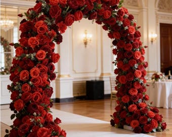 May include: A large archway covered in vibrant red roses, creating a romantic and elegant floral display. The arch is set on a white runner, perfect for a wedding or special event. The background features a grand hall with ornate details.