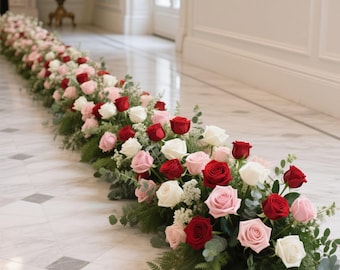 Hochzeitsblumengirlande, Hochzeitsblumen Reihe, Blumentreppen Blumenbogen, Hochzeitsbogen Blumen, Hochzeitsgangblumenarrangement Dekor