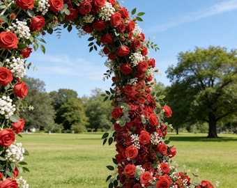 May include: A floral archway adorned with vibrant red roses and delicate white baby's breath. The arch is set on a green lawn with a blue sky background, creating a romantic and elegant setting for a wedding or special event.