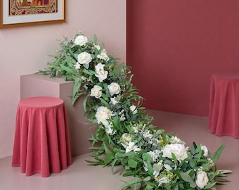 Greenery Eucalyptus White Rose Flower Runner,Table Flower Centerpieces,Wedding Flower Arrangement,Wedding Arch Decor