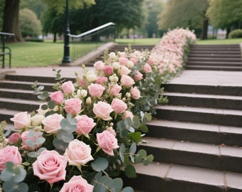 Könnte beinhalten: Eine Steintreppe, geschmückt mit rosa und weißen Rosen und grünem Blattwerk. Die Blumen sind entlang der Stufen angeordnet und bilden eine florale Dekoration. Die Szene spielt sich im Freien ab, mit einem Park und Bäumen im Hintergrund.
