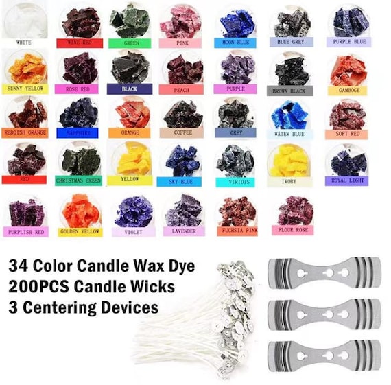 34 Color Candle Wax Dye 200 PC Candle Wicks 3 Wax Core Holder for DIY  Candle Making Color Candle Dye Candle Colorant Candle Supplies 