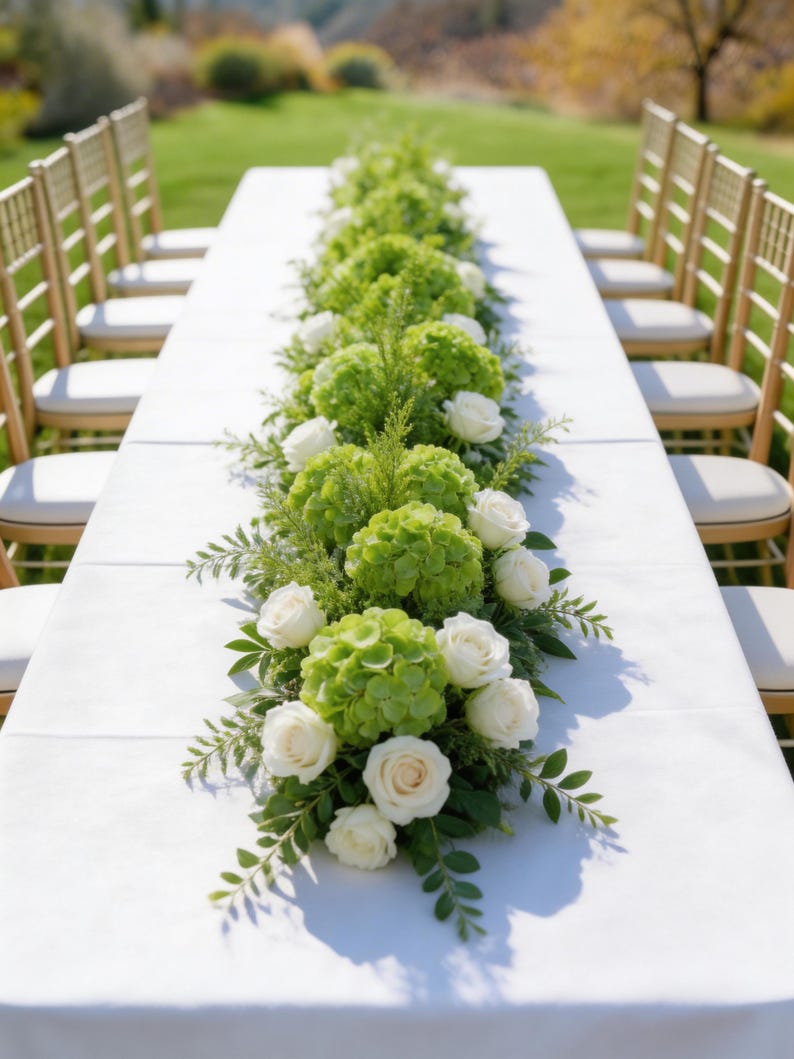 Op de afbeelding: Een lange witte tafel is versierd met een bloemstuk van groene hortensia's, witte rozen en groen. Gouden stoelen met witte kussens zijn aan weerszijden van de tafel opgesteld, buiten op een gazon.