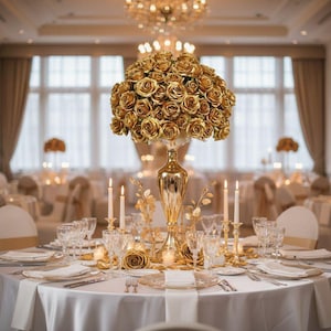 Op de afbeelding: Elegante tafelsetting voor een formeel evenement. Een groot gouden bloemstuk staat op een hoge, sierlijke vaas. De tafel is gedekt met wit linnen, gouden accenten, kaarsen en glaswerk. De kamer is goed verlicht met kroonluchters en natuurlijk licht.