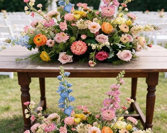 May include: A wooden table displays two floral arrangements with a variety of colorful flowers. The arrangements include pink, orange, yellow, and blue flowers. The table is outdoors, with a wedding ceremony setup in the background.