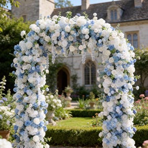 May include: A decorative floral arch, composed of white and pale blue roses and other blooms, set in a garden. The archway is the central feature, with a stone building and well-kept grounds visible behind. The floral display is dense and abundant.