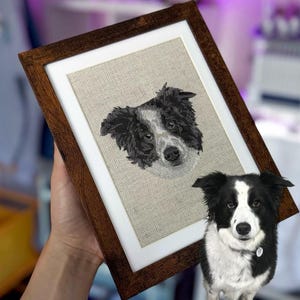 Custom Embroidered Pet Portrait in Walnut Frame: Memorial Art