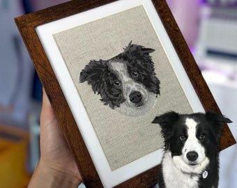 Retrato de mascota bordado personalizado en marco de nogal: Arte conmemorativo