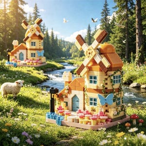May include: A building block set featuring two miniature windmills with tan and brown walls, blue doors, and rotating blades. The structures are decorated with blue butterfly accents, green vines, and pink flowers, set in a grassy landscape.