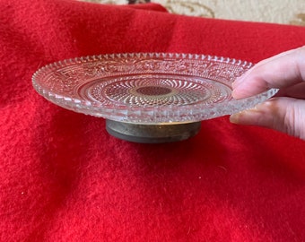 Vintage Kig Malaysia Fleur de lis sandwich glass small plate with silver plated base