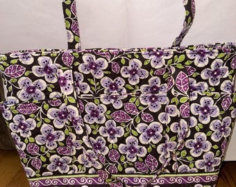 Preowned Vera Bradley Plum Petals Zip Top Large Shoulder Tote Excellent Cond
