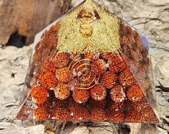 Rudraksha Orgonite Pyramid with Copper Spiral and Copper Wrapped Selenite Crystal