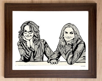 Tina Fey och Amy Poehler Helguppdatering SNL - Handritat konsttryck