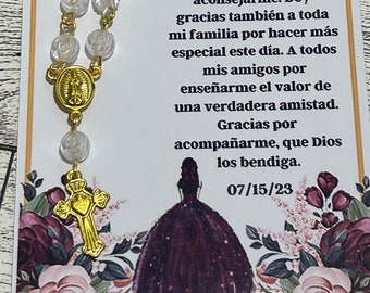 12pc Mis XV años favors, Prayer card with rosary, Burgundy quinceañera, Personalized quince favors, Tarjeta de oracion, Regalo de misa