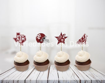 Texas University Cupcake toppers 12pc, Maroon and White, Gig'em Aggies party decor, Party picks, treat toppers, Ring day, a and m bound