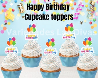 Happy birthday cupcake toppers, Balloons cupcake toppers, Birthday party decor, Treat toppers, Party picks, Toothpicks