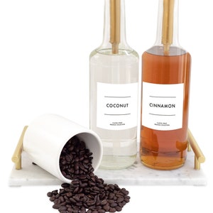 Modern Coffee Syrup Labels Set of 6 • Square Rectangle White Gold Label • Customizable • Home Coffee Bar Cocktails Mixed Drink Shaved Ice S4
