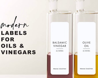 6 Modern Oil Vinegar Sauce Labels • Customizable • Minimalist • 1.4" x 4" White Label • Home Pantry Kitchen Cooking Organization Labels OV01