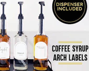 Coffee Flavor Syrup Dispenser + Arch Shape Custom Label • Black Gold Pump Refillable Glass Bottle 750mL • Modern Coffee Mixed Drink Bar