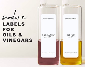 6 Modern Oil Vinegar Sauce Labels • Customizable • Minimalist • 1.4" x 4" White Label • Home Pantry Kitchen Cooking Organization Labels OV07