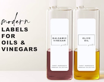 6 Modern Oil Vinegar Sauce Labels • Customizable • Minimalist • 1.4" x 4" White Label • Home Pantry Kitchen Cooking Organization Labels OV06