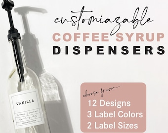 Coffee Flavor Syrup Dispenser + Custom Modern Label • Gold Black Pump Refillable Glass Bottle 750mL • Coffee Mixed Drink Bar Cocktail