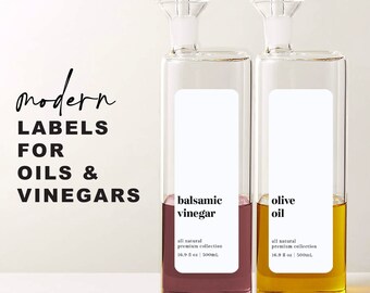 6 Modern Oil Vinegar Sauce Labels • Customizable • Minimalist • 1.4" x 4" White Label • Home Pantry Kitchen Cooking Organization Labels OV03