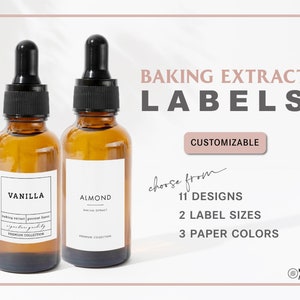 Baking Extract Labels, Flavor Extract Labels • Customizable • Minimalist • White Gold Silver Label • Baking Pantry Organization