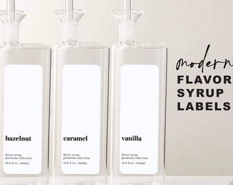 6 Modern Coffee Flavor Syrup Labels • Customizable • Minimalist • 1.4" x 4" White Label • Home Coffee Flavor Bar Cocktails Mixed Drink OV03