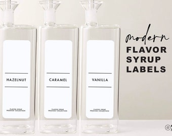 6 Modern Coffee Flavor Syrup Labels • Customizable • Minimalist • 1.4" x 4" White Label • Home Coffee Flavor Bar Cocktails Mixed Drink OV04