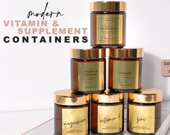 12 pc: amber glass pill bottles WITH customizable labels - modern gold supplement vitamin container bottle - medicine cabinet vitamin label