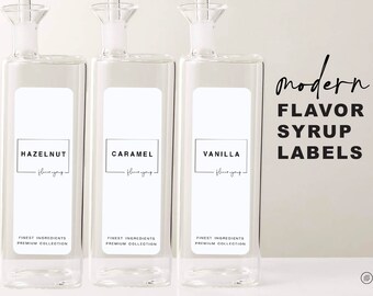 6 Modern Coffee Flavor Syrup Labels • Customizable • Minimalist • 1.4" x 4" White Label • Home Coffee Flavor Bar Cocktails Mixed Drink OV06