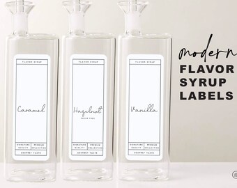 6 Modern Coffee Flavor Syrup Labels • Customizable • Modern Farmhouse • 1.4" x 4" White Label • Home Coffee Bar Cocktails Mixed Drink OV10