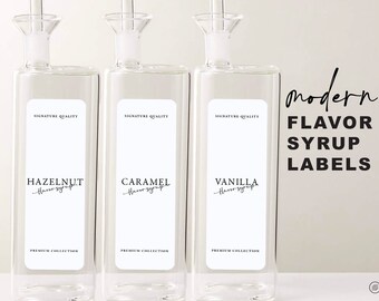 6 Modern Coffee Flavor Syrup Labels • Customizable • Minimalist • 1.4" x 4" White Label • Home Coffee Flavor Bar Cocktails Mixed Drink OV07