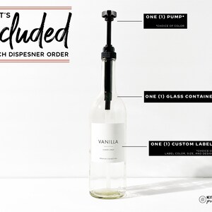 May include: A clear glass bottle with a black pump and a white label that reads "VANILLA". The image also includes text that says "WHAT'S included IN EACH DISPENSER ORDER", "ONE (1) PUMP", "ONE (1) GLASS CONTAINER", and "ONE (1) CUSTOM LABEL".