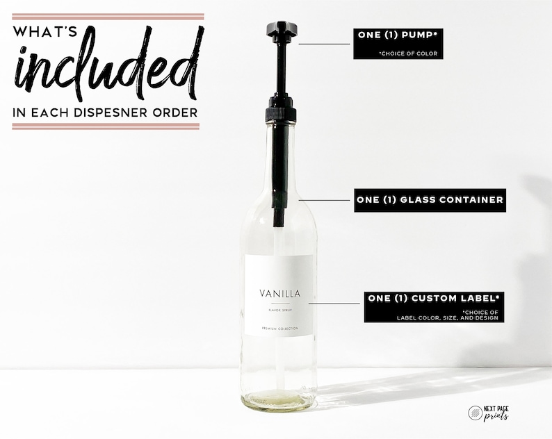 May include: A clear glass bottle with a black pump and a white label that reads "VANILLA". The image also includes text that says "WHAT'S included IN EACH DISPENSER ORDER", "ONE (1) PUMP", "ONE (1) GLASS CONTAINER", and "ONE (1) CUSTOM LABEL".
