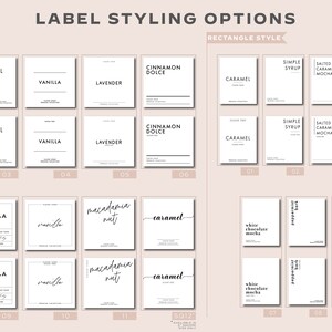 K&ouml;nnte beinhalten: Ein Diagramm mit 20 verschiedenen Etikettendesigns f&uuml;r quadratische und rechteckige Formen. Die Etiketten bieten verschiedene Textoptionen, darunter "Karamell", "Einfacher Sirup", "Salziger Karamell-Mocha", "Vanille", "Lavendel", "Zimt Dolce", "Wei&szlig;e Schokoladen-Mocha", "Pfefferminz-Rinde", "Macadamia-Nuss" und "Karamell".