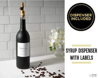 Coffee Flavor Syrup Dispenser + Custom Label • Gold Spout Black Refillable Glass Bottle 750mL • Minimalist • Coffee Mixed Drink Bar Cocktail