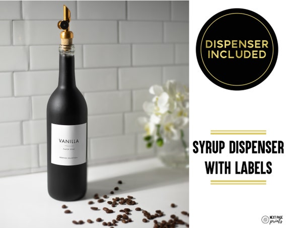 Coffee Flavor Syrup Dispenser + Custom Label • Gold Spout Black Refillable Glass Bottle 750mL • Minimalist • Coffee Mixed Drink Bar Cocktail