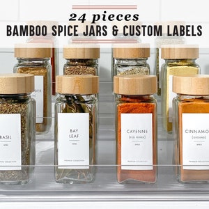 24 piece Bamboo glass spice jars WITH customizable labels - modern Bamboo wood lid spice jar with shaker lid, 4oz 120 mL spice jars set