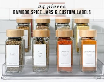 24 piece Bamboo glass spice jars WITH customizable labels - modern Bamboo wood lid spice jar with shaker lid, 4oz 120 mL spice jars set