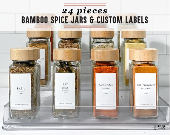  Glass Spice Jars with Labels Bamboo, 24 pcs 4 oz