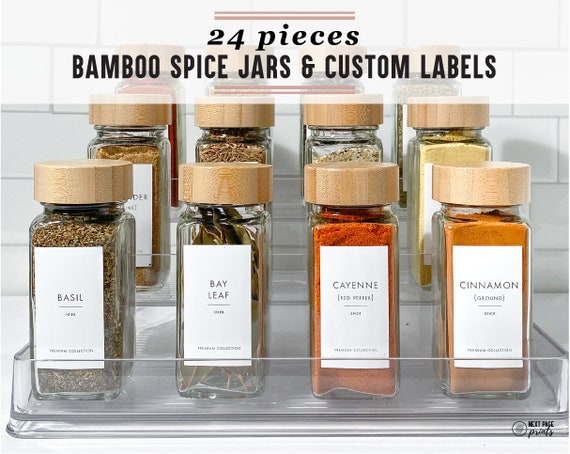 24 Piece Bamboo Glass Spice Jars WITH Customizable Labels Modern