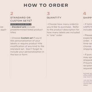 May include: How to order custom or standard sets of labels. Choose label size, paper color, quantity, and shipping options.  Standard sets include predetermined product titles.  Custom sets allow for personalization.  Free shipping is available with USPS first class postage.