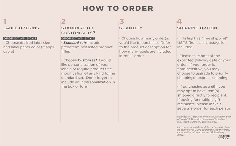May include: How to order custom or standard sets of labels. Choose label size, paper color, quantity, and shipping options.  Standard sets include predetermined product titles.  Custom sets allow for personalization.  Free shipping is available with USPS first class postage.